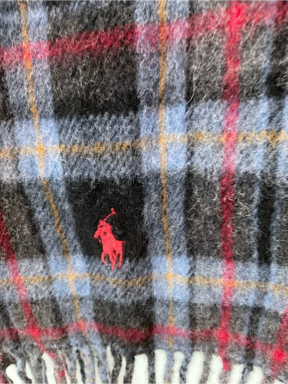 Polo Ralph Lauren Plaid Virgin Wool Reversible Fringe Scarf Italy 70x9